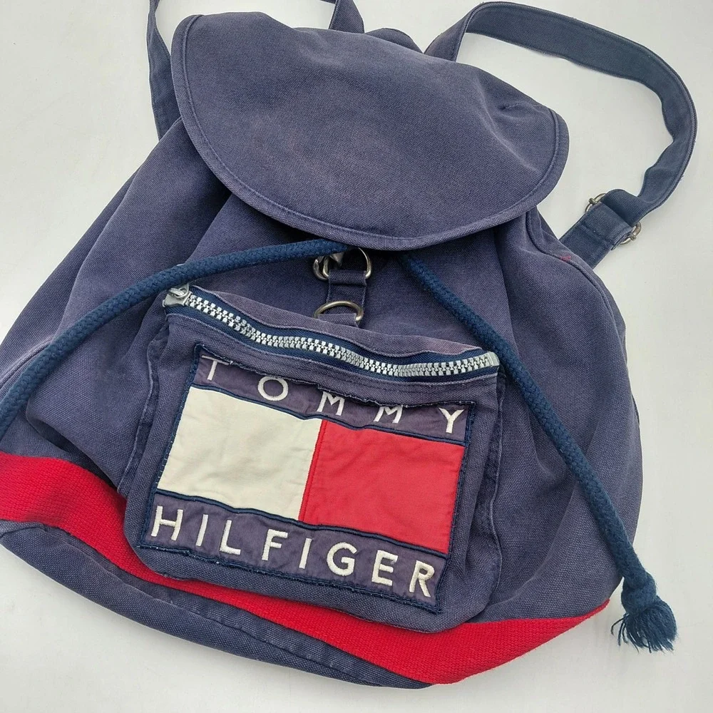 Vtg Tommy Hilfiger Canvas Backpack Navy Blue Red Flag Logo 90s Rucksack Y2K